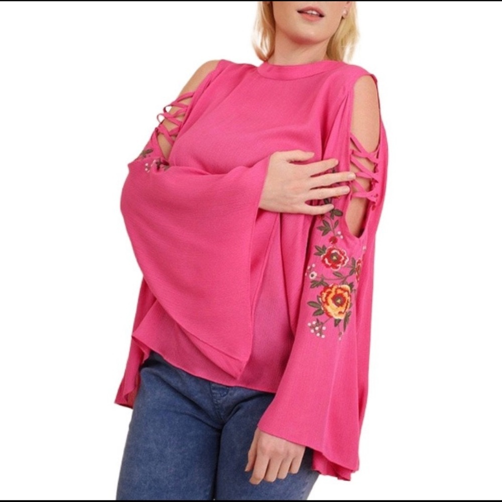 Fuchsia Embroidered Cold Shoulder Plus Top